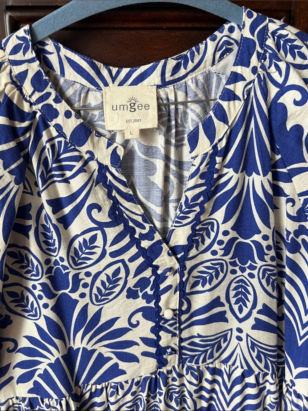 Umgee Blue & Cream Floral Tiered Tunic Dress - Picture 3 of 5